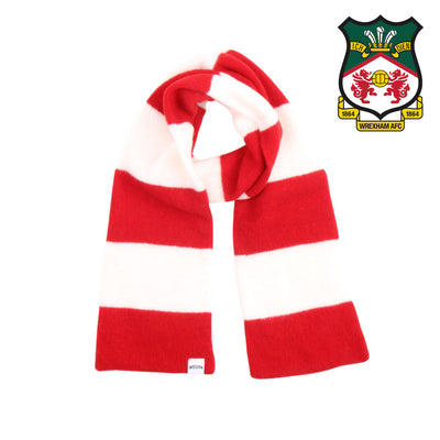 Red and white striped scarf with a logo on a white background
