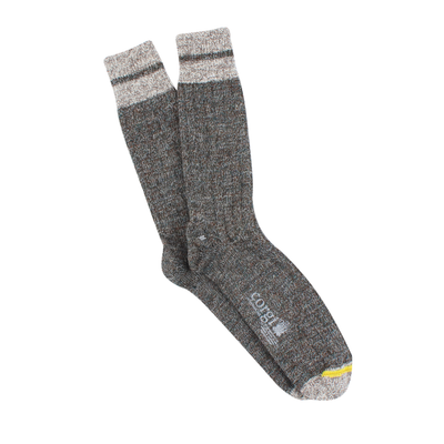 A pair of men's striped cuff British wool socks in gray with a subtle neon flash on the toe, designed for comfort and sustainability.