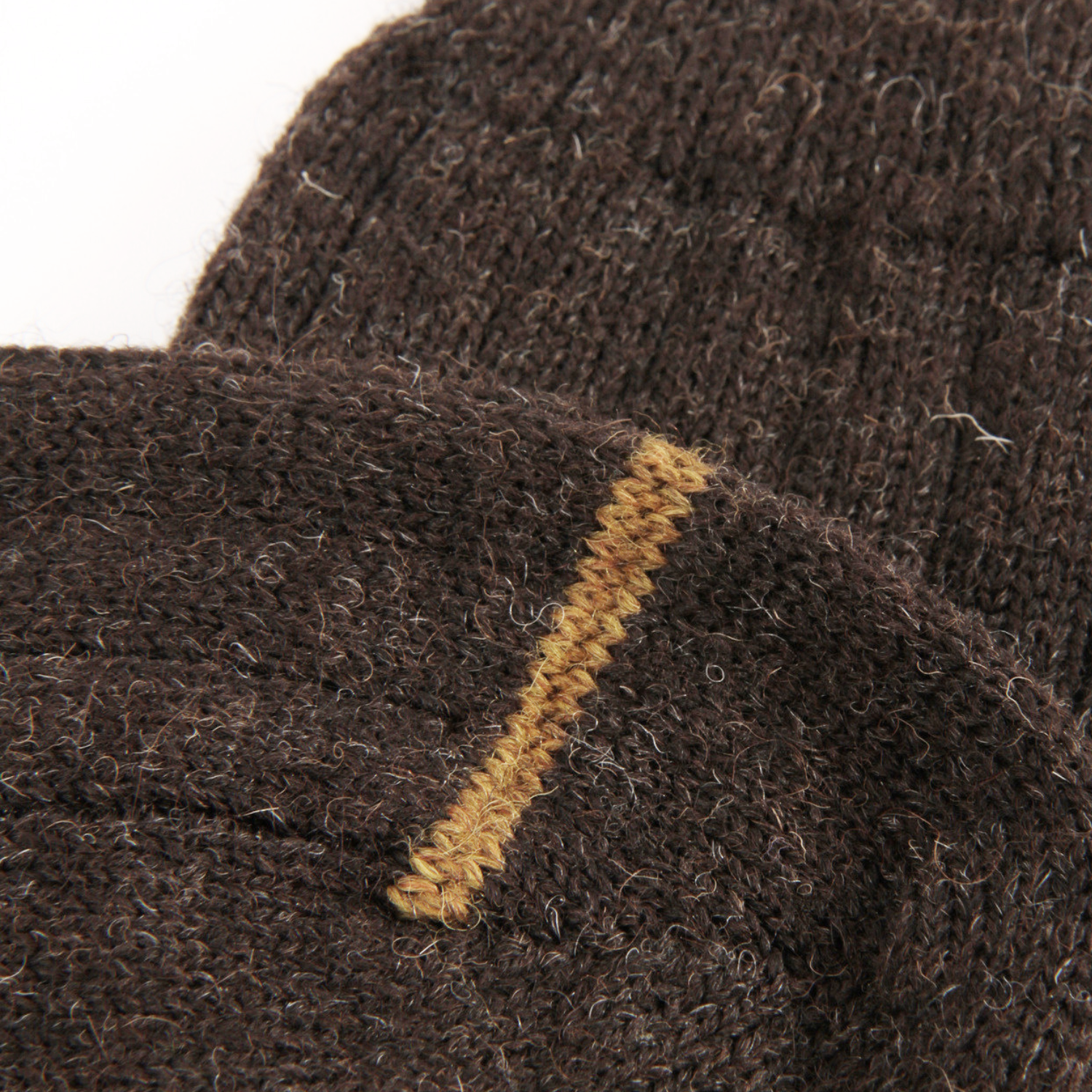 Close-up of a dark brown knit wool sock with a contrasting tan stripe detail on the cuff.