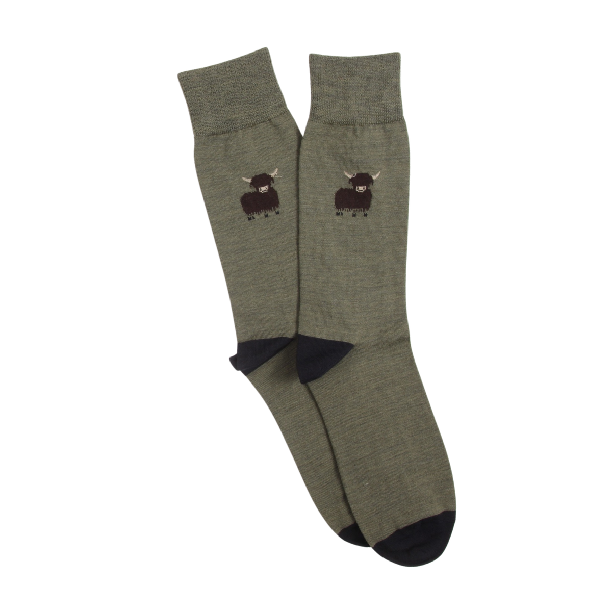 Pair of green socks with Highland Cow design on a white background