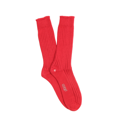 red pure cotton boots socks laid flat on a white background