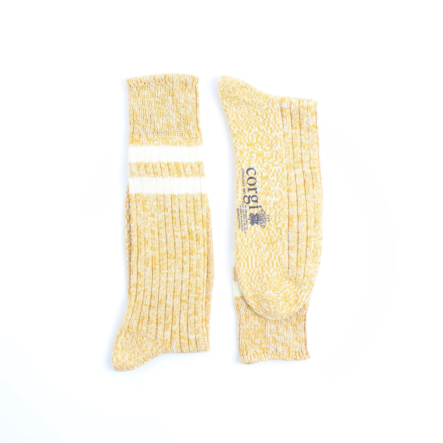Yellow socks with a brand logo on a white background