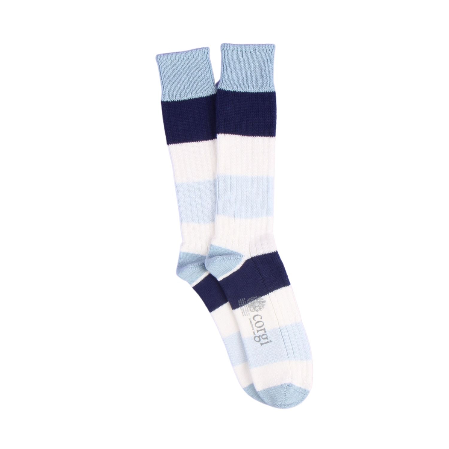Color-blocked sock with blue, white, and navy stripes on a white background