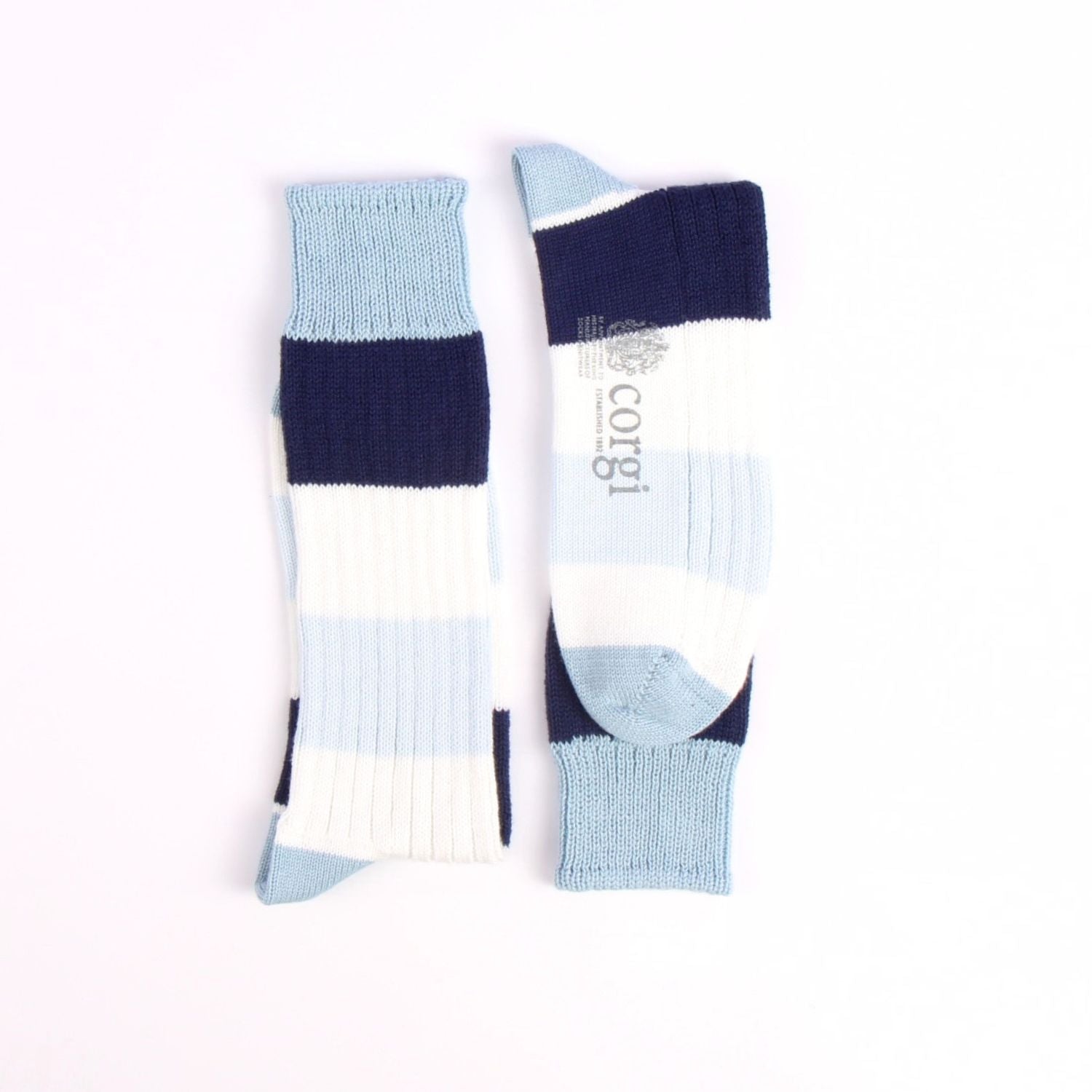 Pair of socks with blue and white stripes on a white background