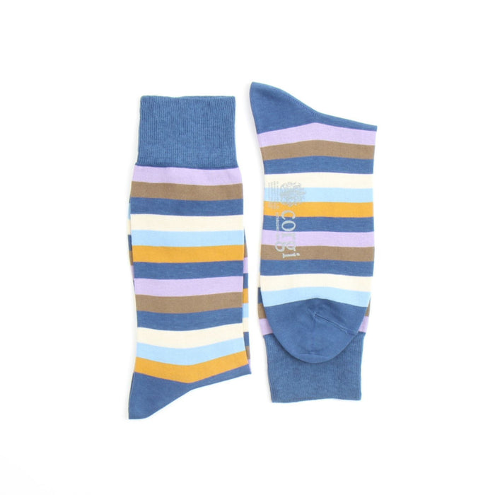 Colorful striped socks with a blue background