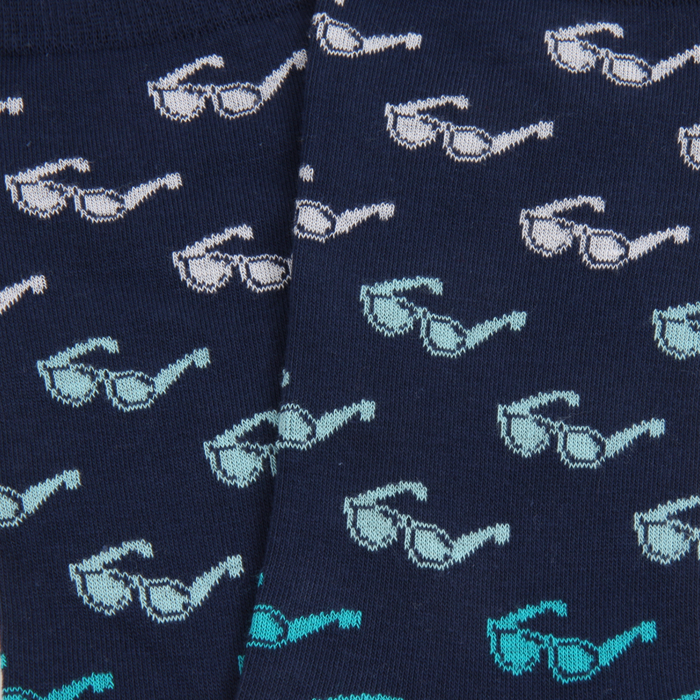 Navy blue socks with white and light blue sunglasses pattern