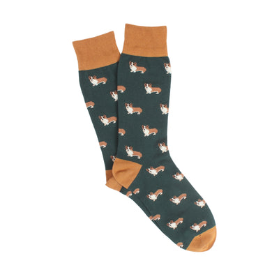 Green socks with gold accents and corgi pattern on a white background