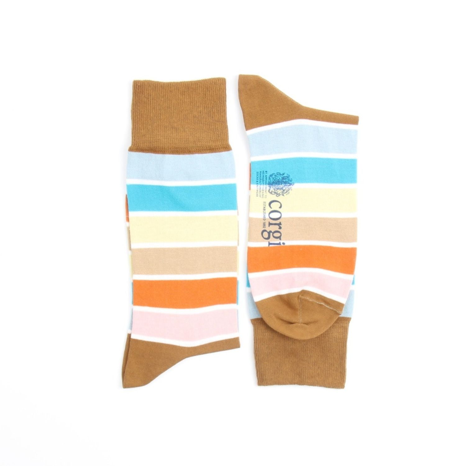 Colorful striped socks with brown accents on a white background