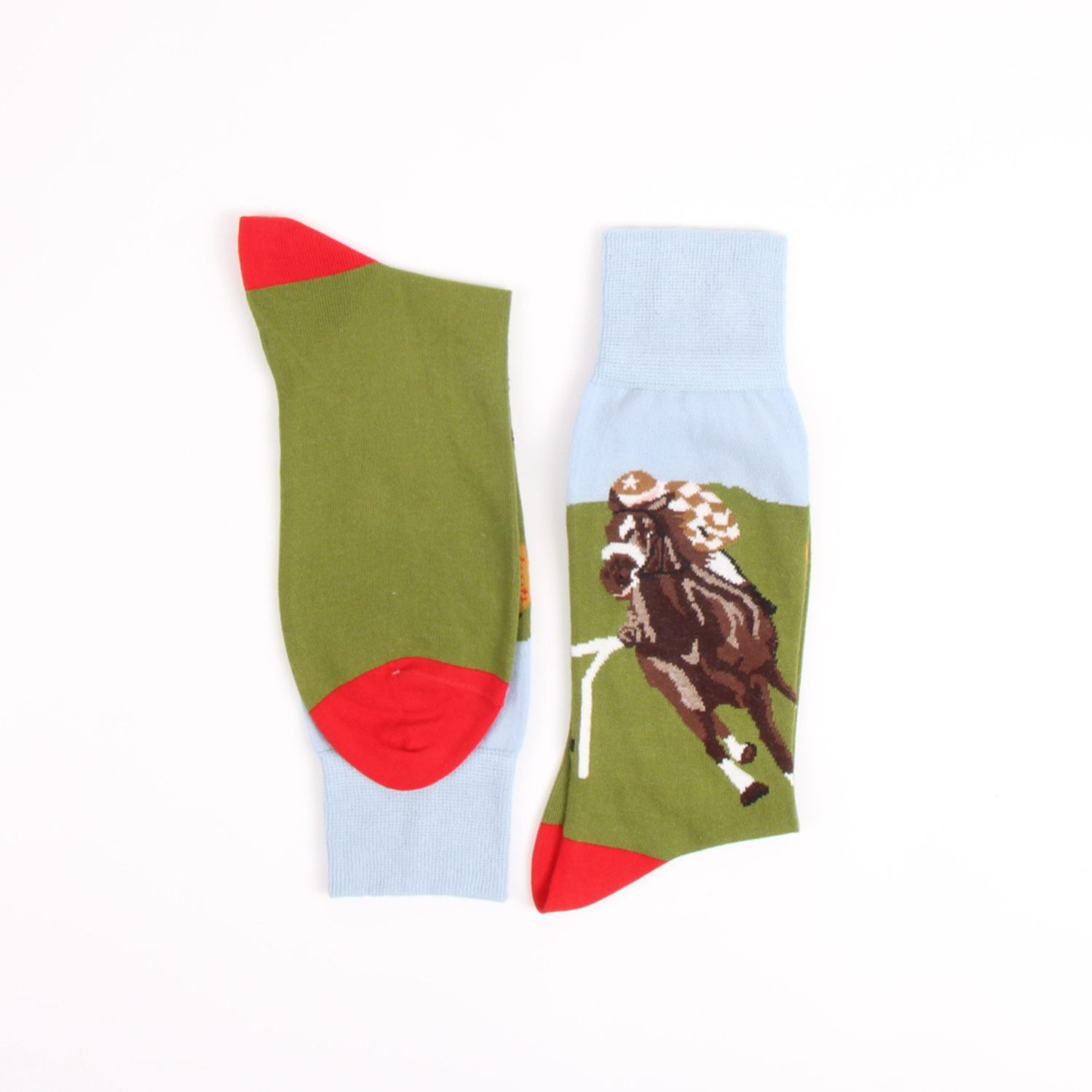 Two socks with horse design on a white background