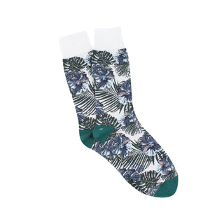 Men's Hibiscus Patterned Cotton Socks White and Green