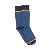 Pair of blue socks with yellow accents on a white background