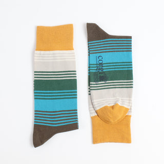 Two pairs of striped socks on a white background