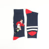 Navy blue socks with red and white accents featuring a rugby player design on a white background