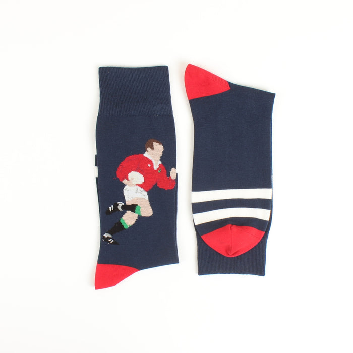Navy blue socks with red and white accents featuring a rugby player design on a white background