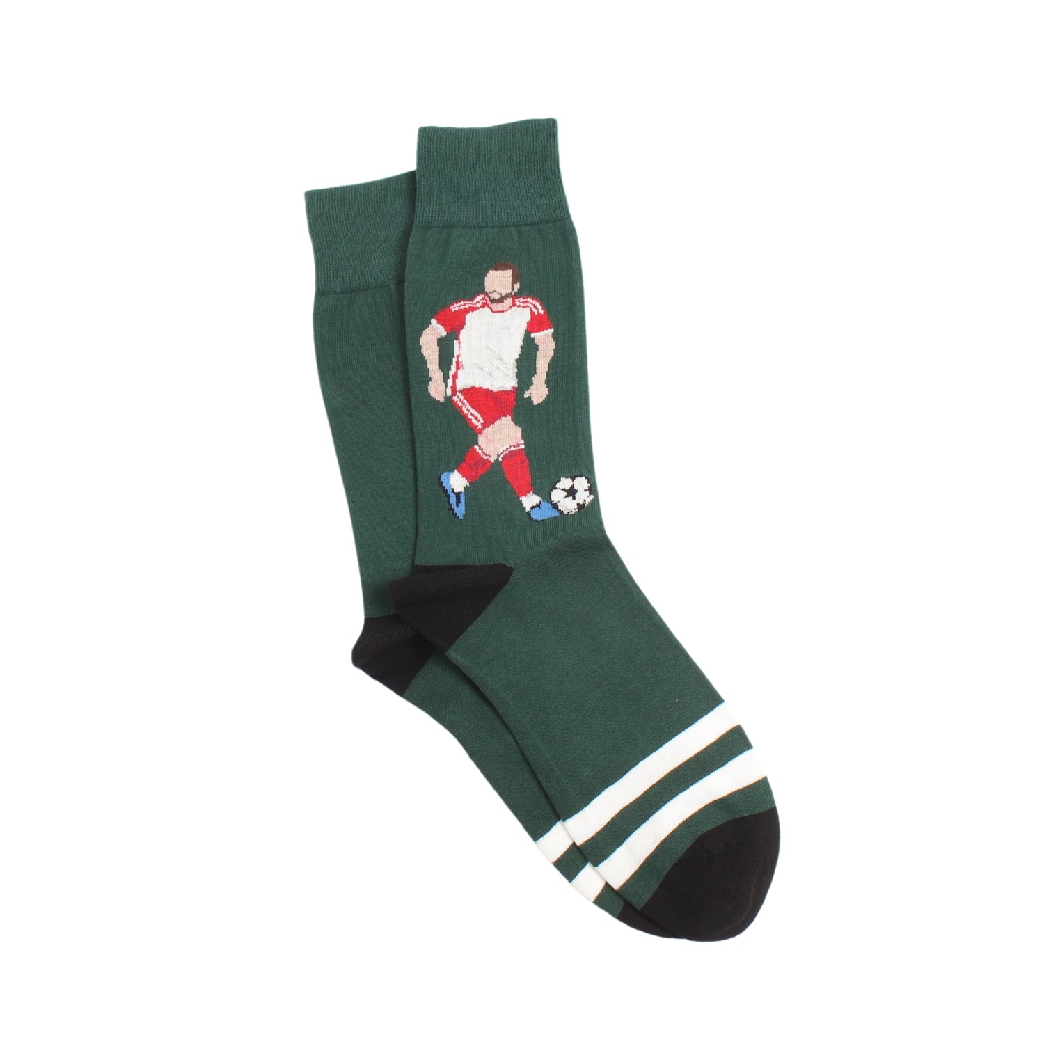 Green sock with a soccer player kicking  a ball photographed on a white background