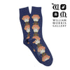 Navy blue socks with floral pattern on a white background, featuring the William Morris Gallery logo.