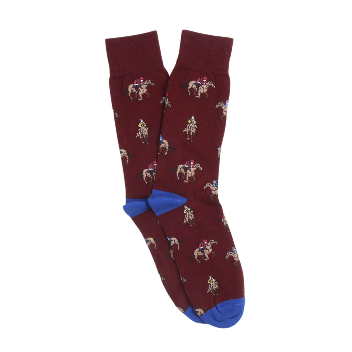 Maroon socks with horse and rider pattern on a white background