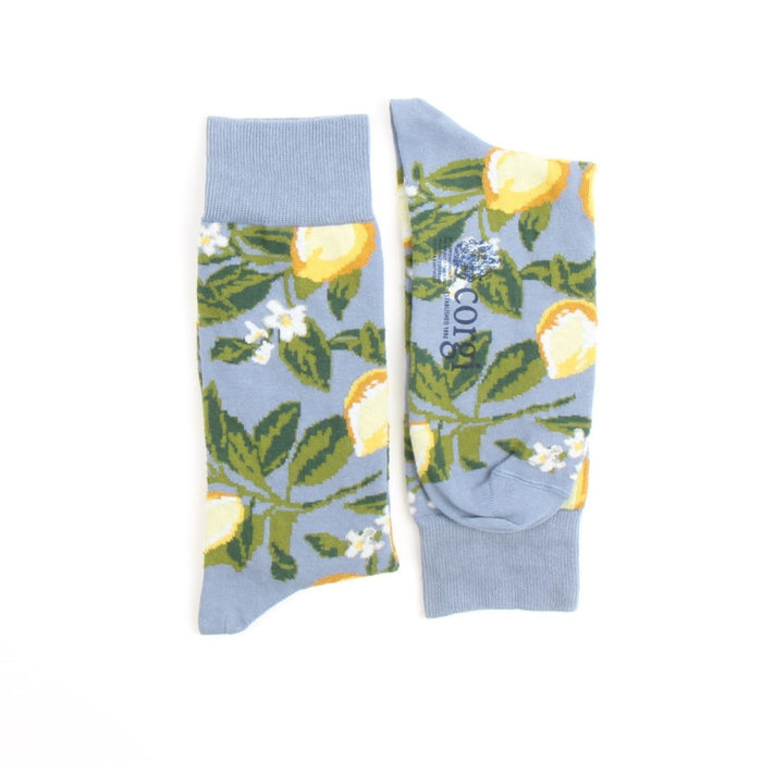 Light blue socks with lemon and leaf pattern on a white background