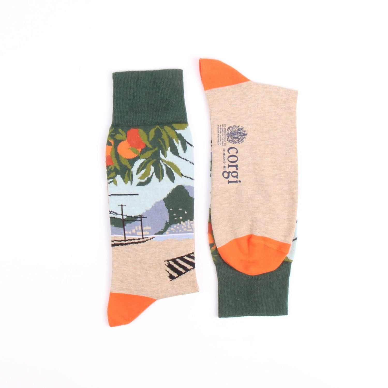 Two socks with different designs on a white background
