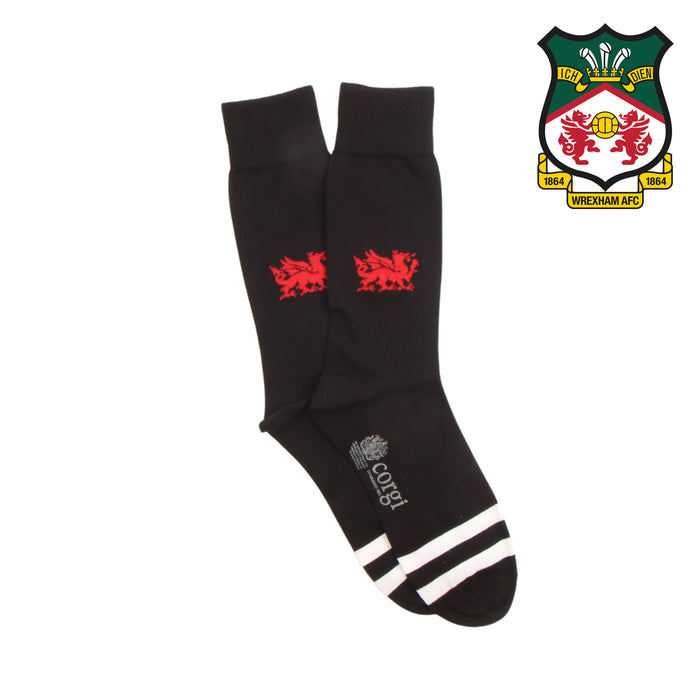 Black socks with red dragon design and Wrexham AFC logo on a white background