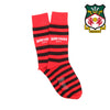 Red and black striped socks with 'Wrexham AFC' text, next to the club's logo on a white background.