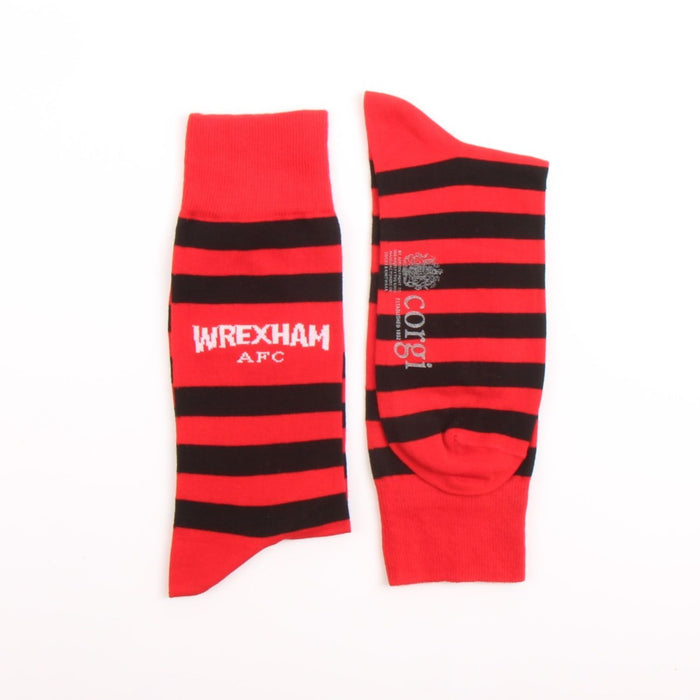 Red and black striped socks with 'Wrexham AFC' text on a white background