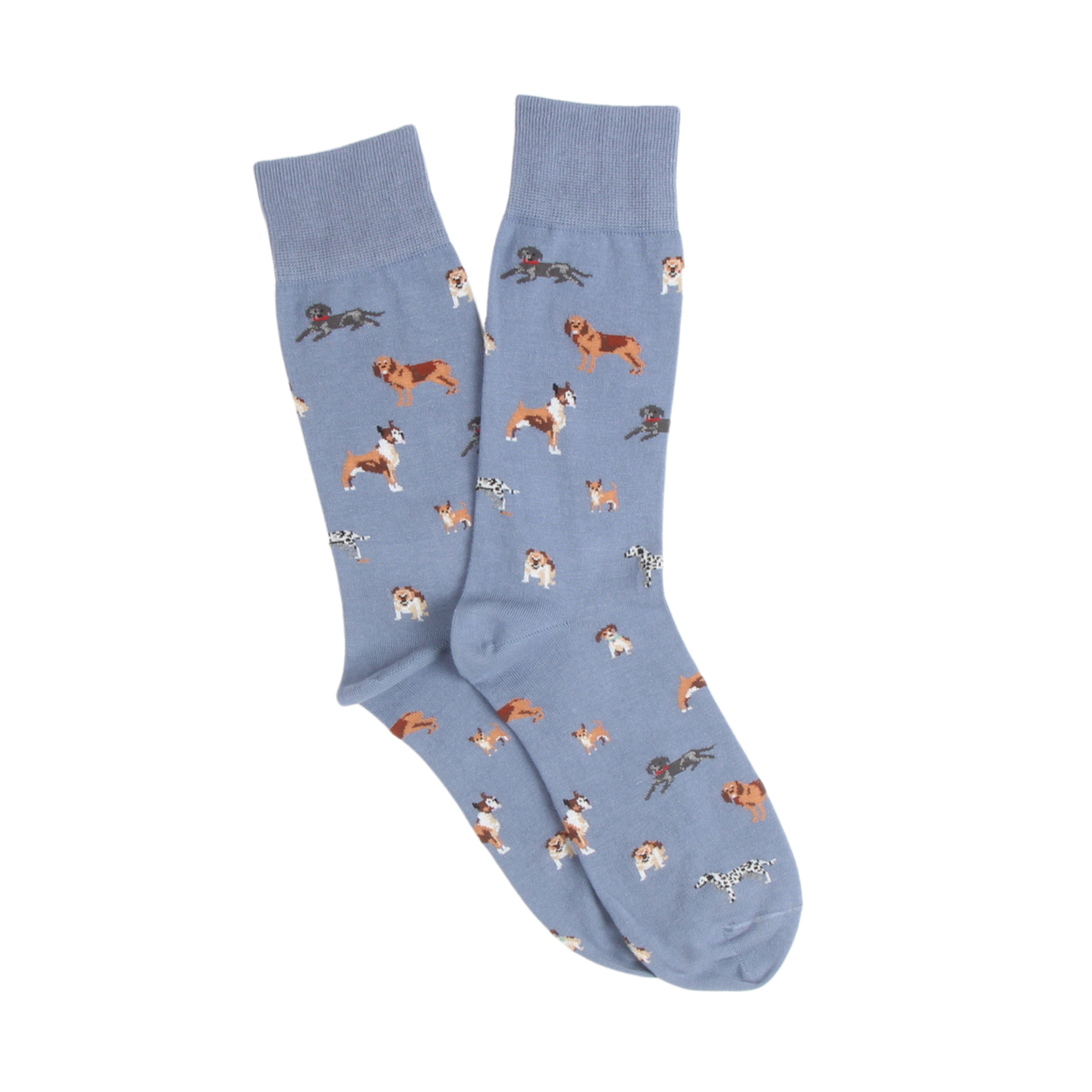 Blue socks with dog pattern on a white background