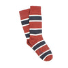 Red, blue, and white striped socks on a white background