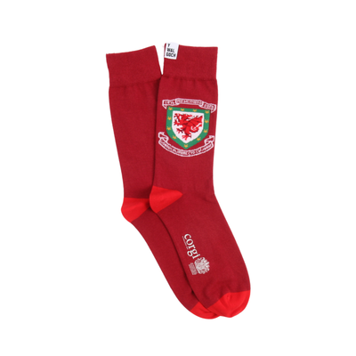 Red socks with a logo on a white background