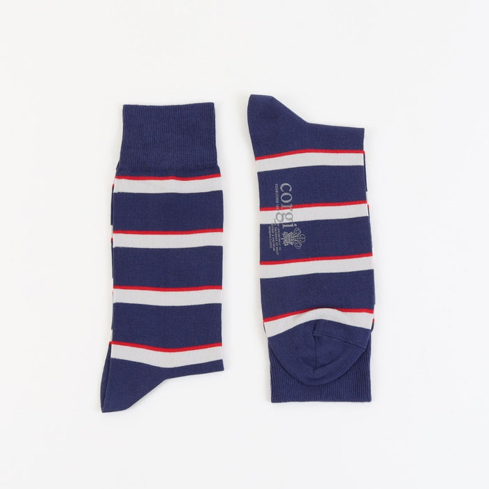 Pair of blue socks with red and white stripes on a white background