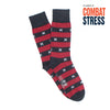 Red and navy striped socks with star pattern on a white background, supporting Combat Stress.