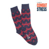 Navy blue socks with red geometric pattern on a white background, featuring 'Combat Stress' text.