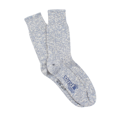 A pair of plain blue and white cotton socks.