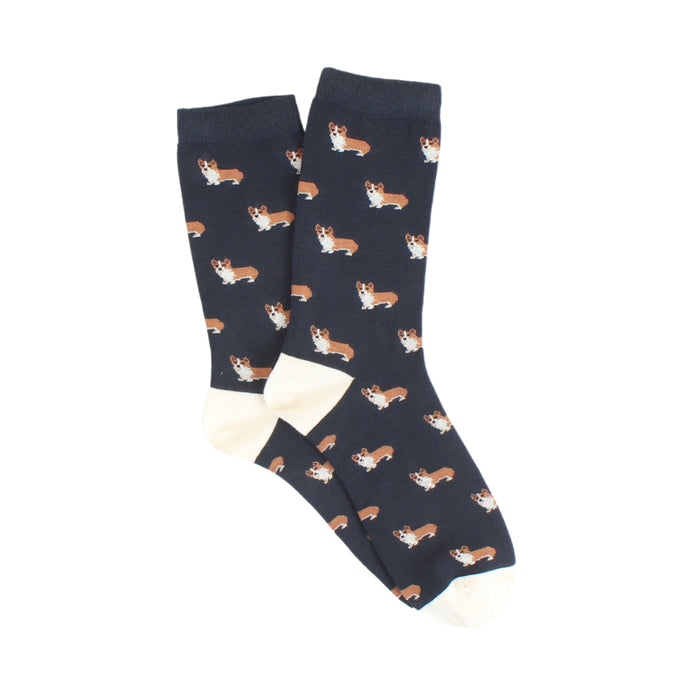 Navy socks with corgi pattern on a white background