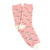 A pair of women's ankle socks with a corgi dog pattern in shades of pink, perfect to be worn with blue jeans.