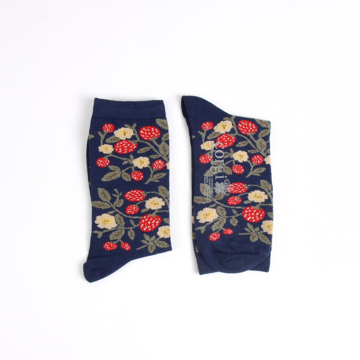 Navy socks with red and white floral pattern on a white background