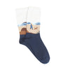 Navy sock with a beach scene design on a white background