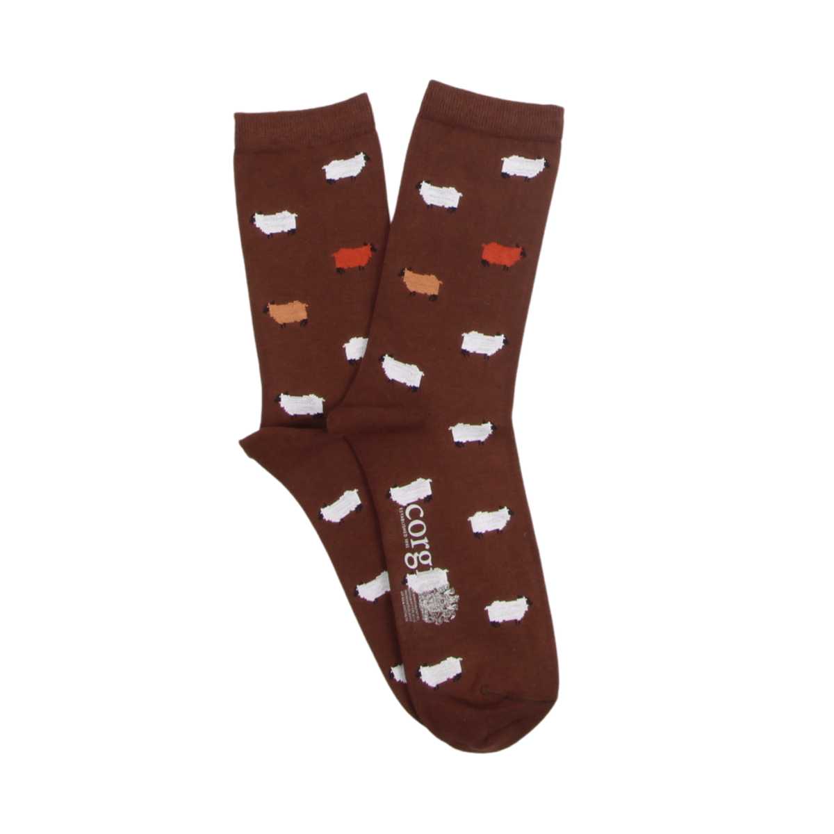 Pair of sheep patterned socks on a white background