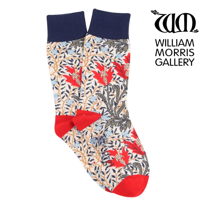 Floral patterned sock with red accents on a white background, featuring the William Morris Gallery logo.