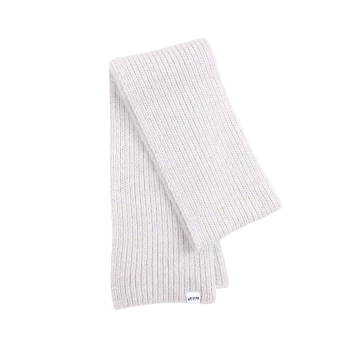 Grey ribbed knit scarf on a white background