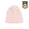 Pink beanie with a logo on a white background