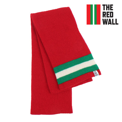A red, green and white stripe scarf on a white background.