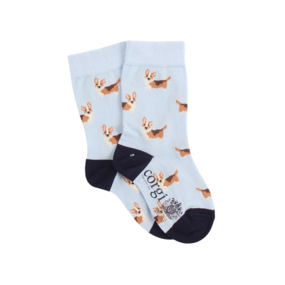Pair of socks with corgi pattern on a light blue background