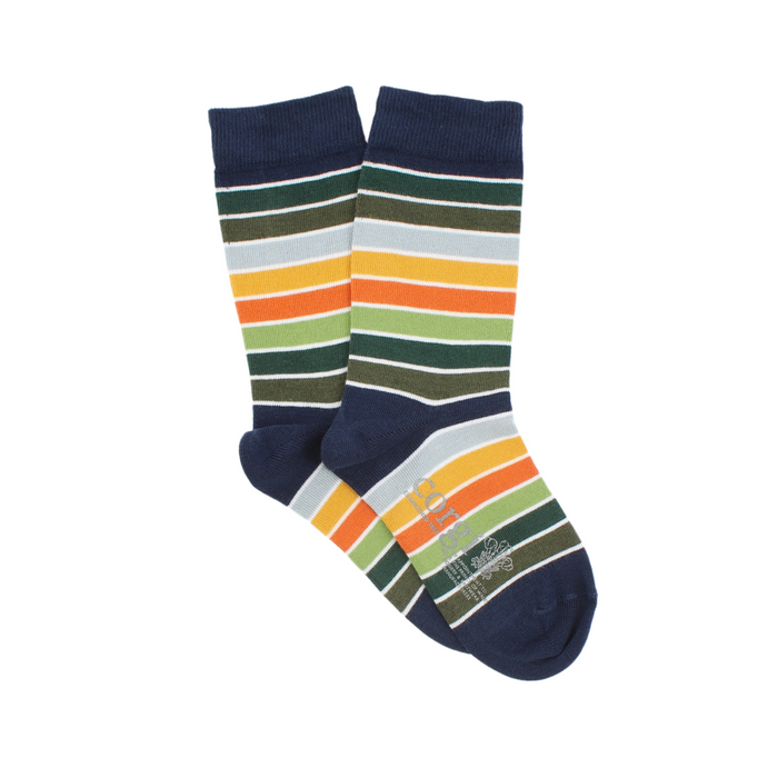 A pair of kids' striped cotton socks with multiple colors including blue, orange, and pink.