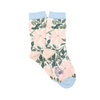 A pair of kids' socks with a William Morris Honeysuckle floral pattern in cream and pink colors, with a pale blue cuff, heel, and toe.