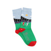 Socks with a football players design on a blue and green background