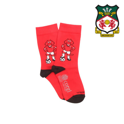 Red socks with a cartoon character dragon and Wrexham AFC logo on a white background