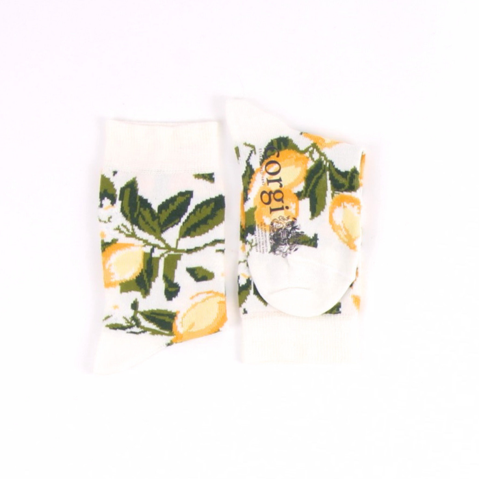 Two socks with lemon and leaf pattern on a white background