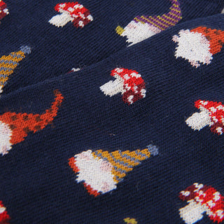 Patterned fabric with colourful mushroom design on a dark blue background