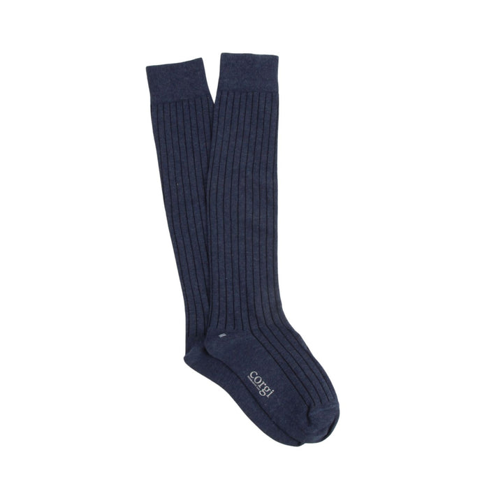 Pair of navy blue knee-high socks on a white background